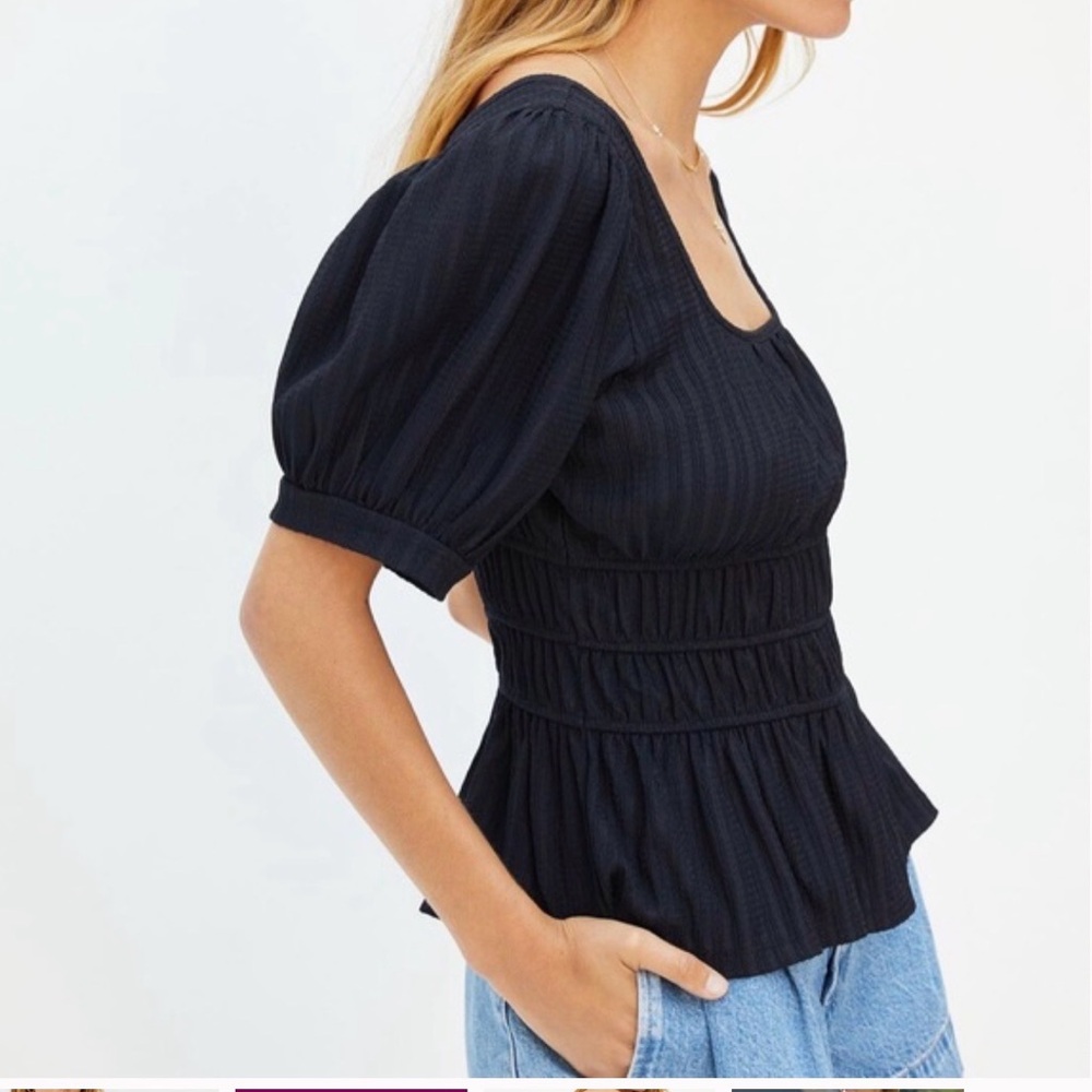 Maeve by Anthropologie Black Puff Sleeve Blouse SZ L Peplum cropped casual NWT - Picture 3 of 16
